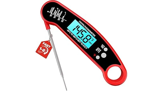 The image shows a sleek, silver instant read meat thermometer with a digital display for precise cooking.