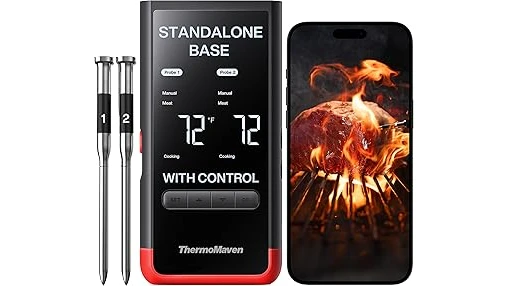 The image shows a sleek wireless meat thermometer inserted into a grilled steak, highlighting a top pick.