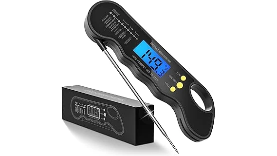 The image shows a sleek, modern digital meat thermometer with a clear display, ideal for perfect cooking.