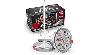 The image shows a meat thermometer being used on a Weber grill, part of a top-rated selection.