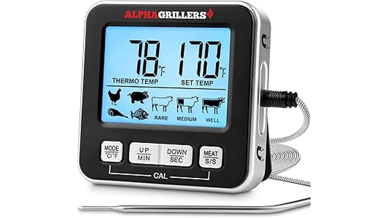 The image shows a close-up of the Alpha Grillers digital meat thermometer displaying a food temperature.