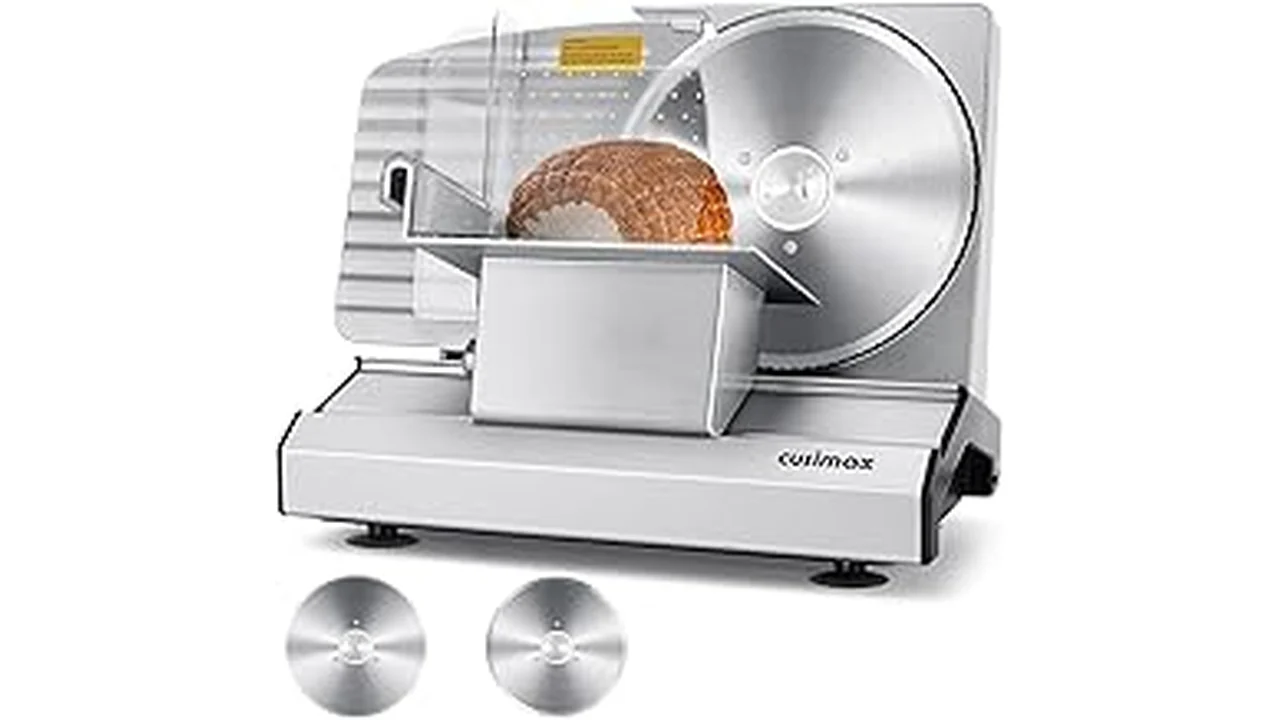 The image shows a shiny, electric deli meat slicer ready for use, highlighting popular models.