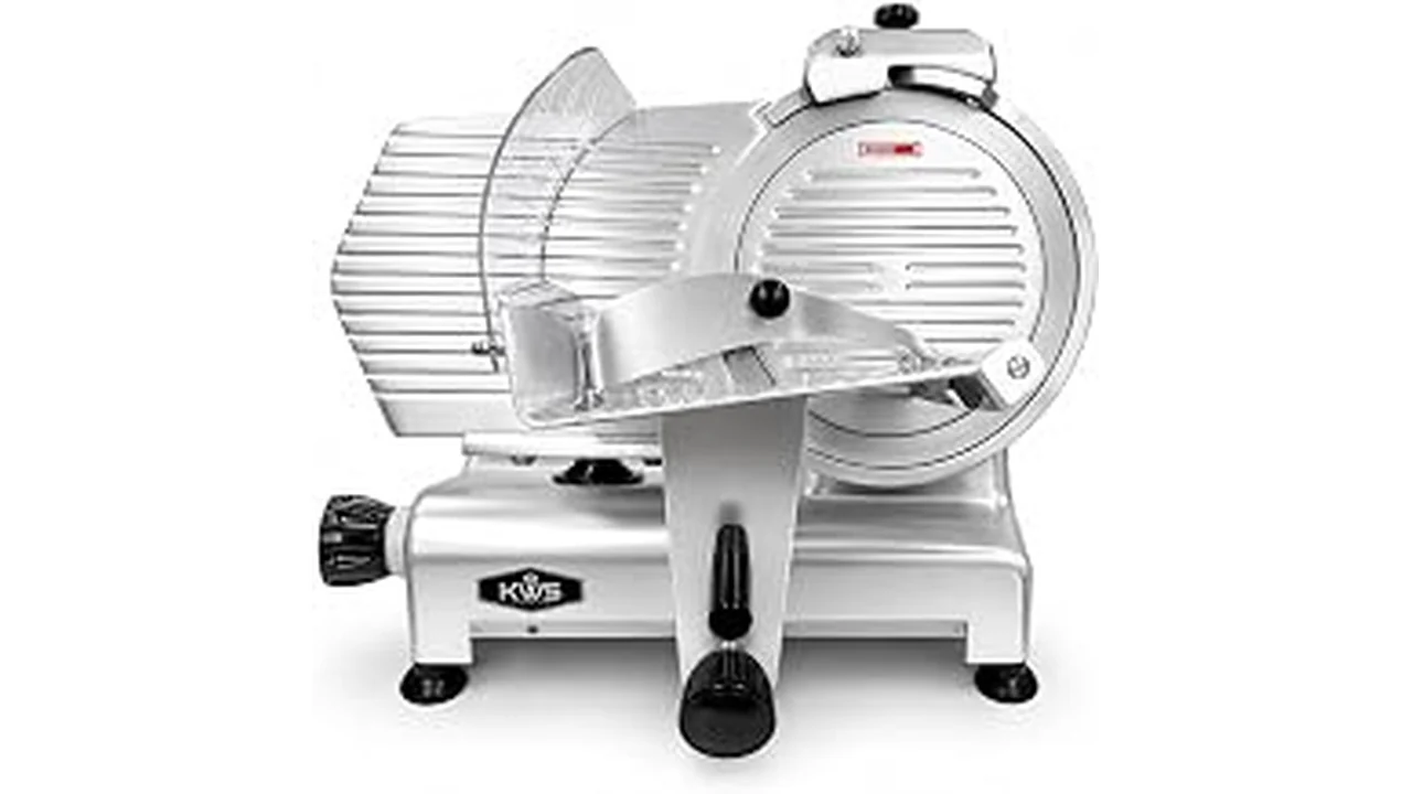 The image shows a person using a sleek electric meat slicer, showcasing popular options.