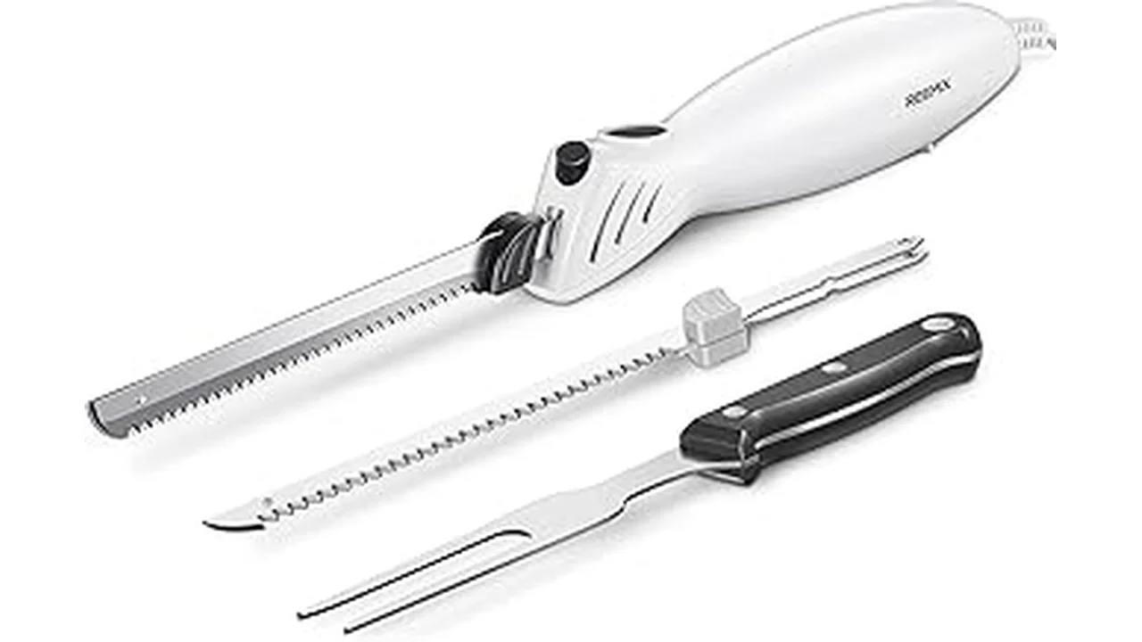 The image shows a sleek electric knife expertly slicing a juicy roast, ideal for the Top 10 Electric Knives for Meat Slicing.