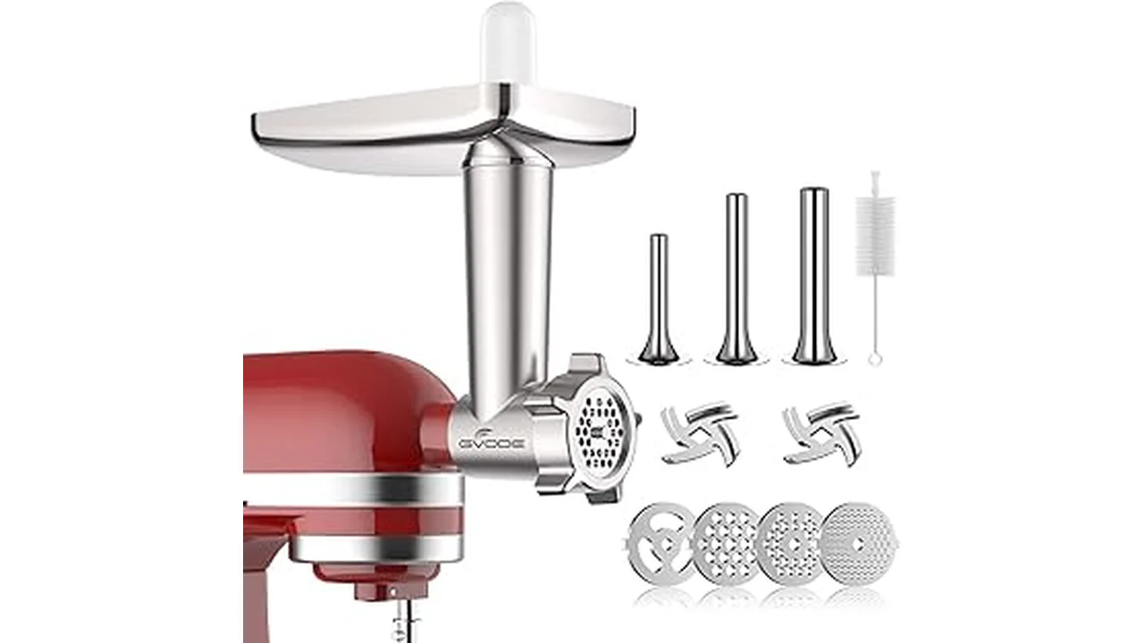 The image shows a gleaming metal meat grinder attachment for a stand mixer, perfect for a top kitchen tool list.