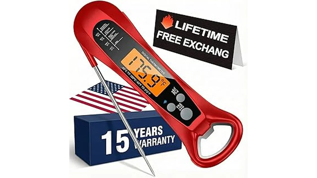 The image shows a top-rated digital meat thermometer with a probe, ideal for cooking.