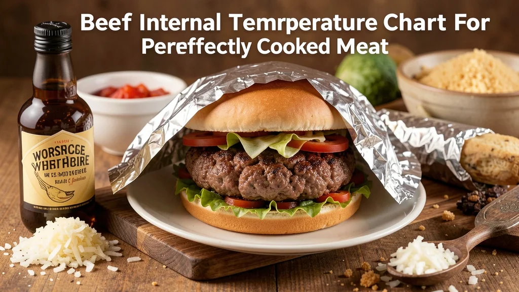 The image shows a detailed beef internal temperature chart for perfectly cooked meat.