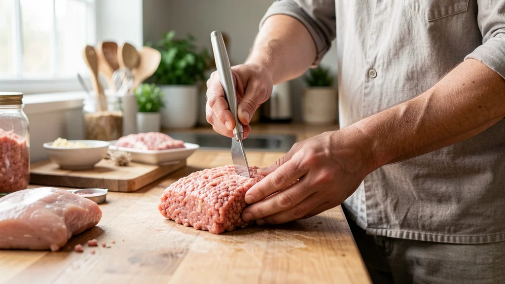 The image shows a digital meat thermometer inserted into cooked ground turkey, illustrating safe internal temperature guidance.