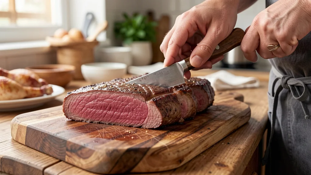 The image shows a Meat Doneness Temperature Chart from rare to well done, illustrating meat internal temperatures.
