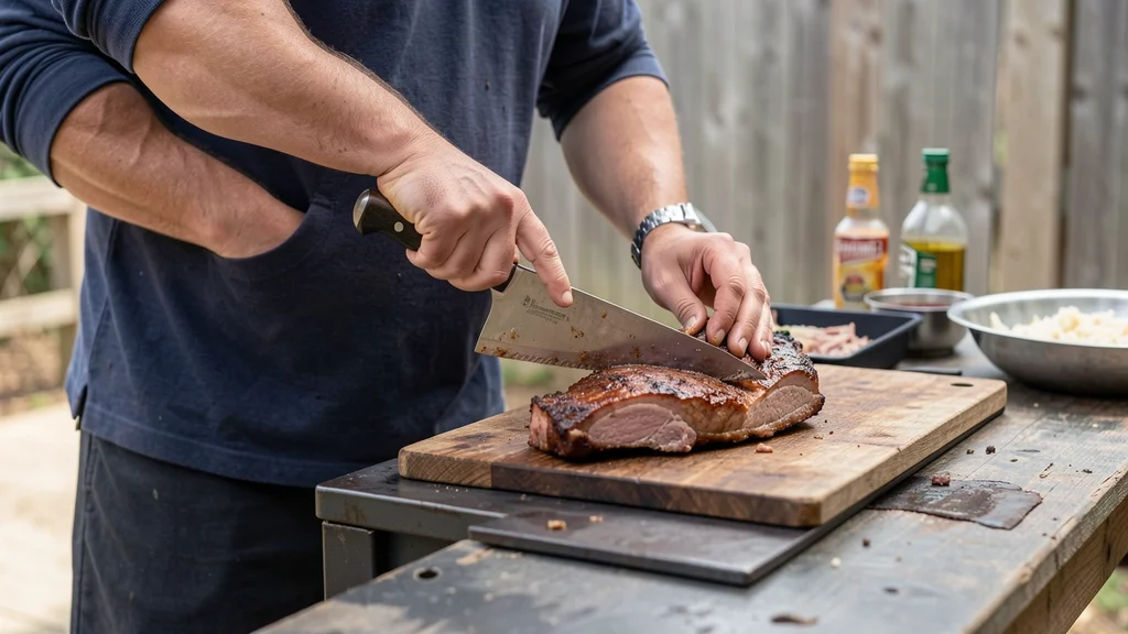 The image shows a juicy pork shoulder being tested with a thermometer for the perfect BBQ internal temperature guide.