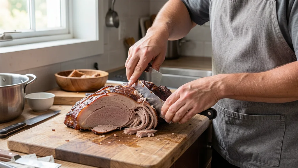 The image shows a thermometer inserted into juicy, slow-cooked pulled pork, indicating its internal temperature guide.