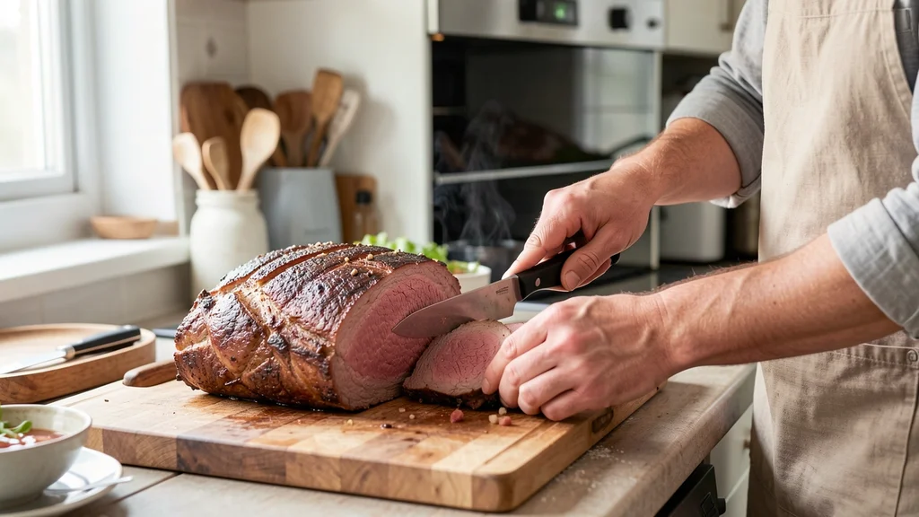 The image shows a cooked roast beef with a thermometer indicating perfect internal temperature for best results.