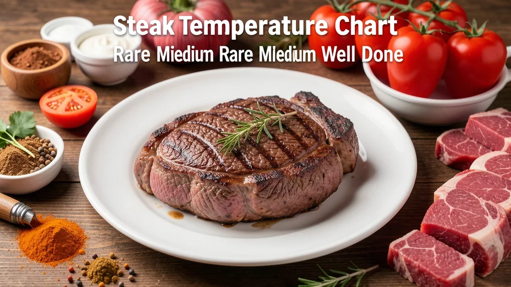 This image shows a steak temperature chart with visual guides for rare, medium rare, medium, and well done.