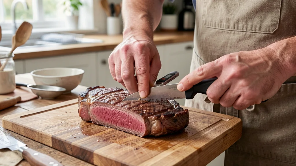The image shows a perfectly cooked medium steak, illustrating What Temperature Is Medium Steak? Your Complete Guide.