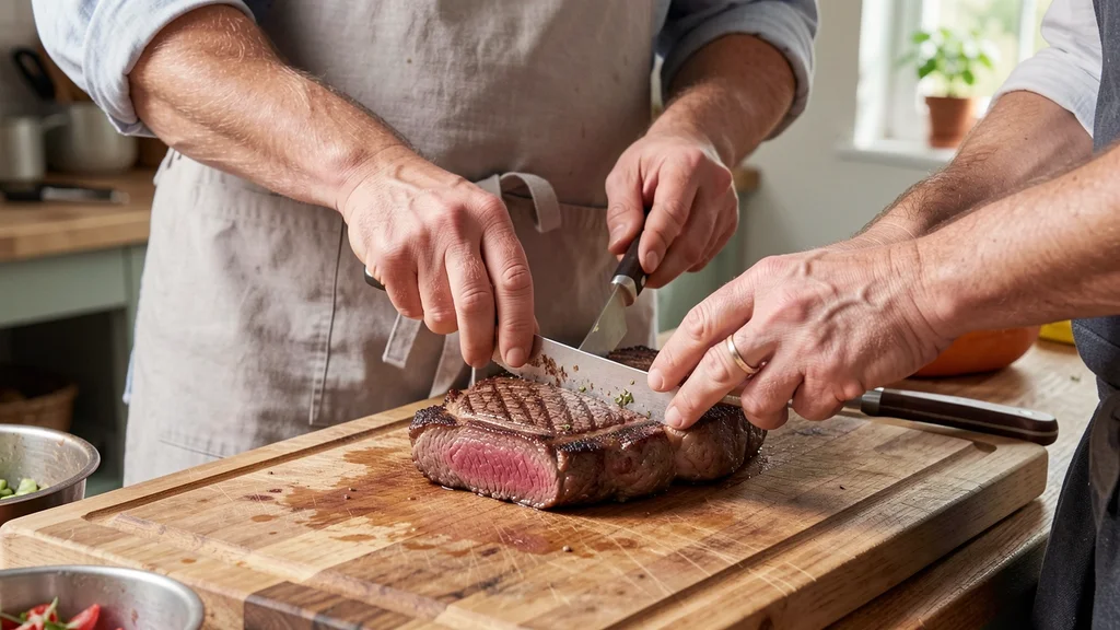 The image shows a juicy, perfectly cooked medium well steak, illustrating What Temperature Is Medium Well Steak? Perfect Guide.