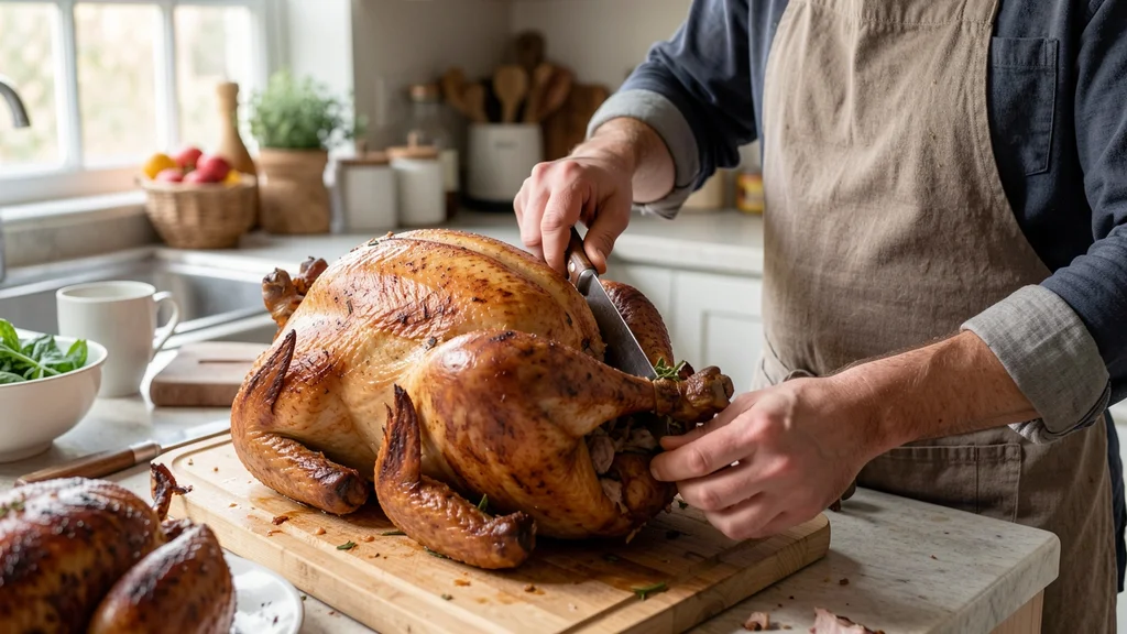 The image shows a perfectly roasted whole turkey, ready for carving, illustrating the Whole Turkey Temperature Guide for Perfect Holiday Roasts.